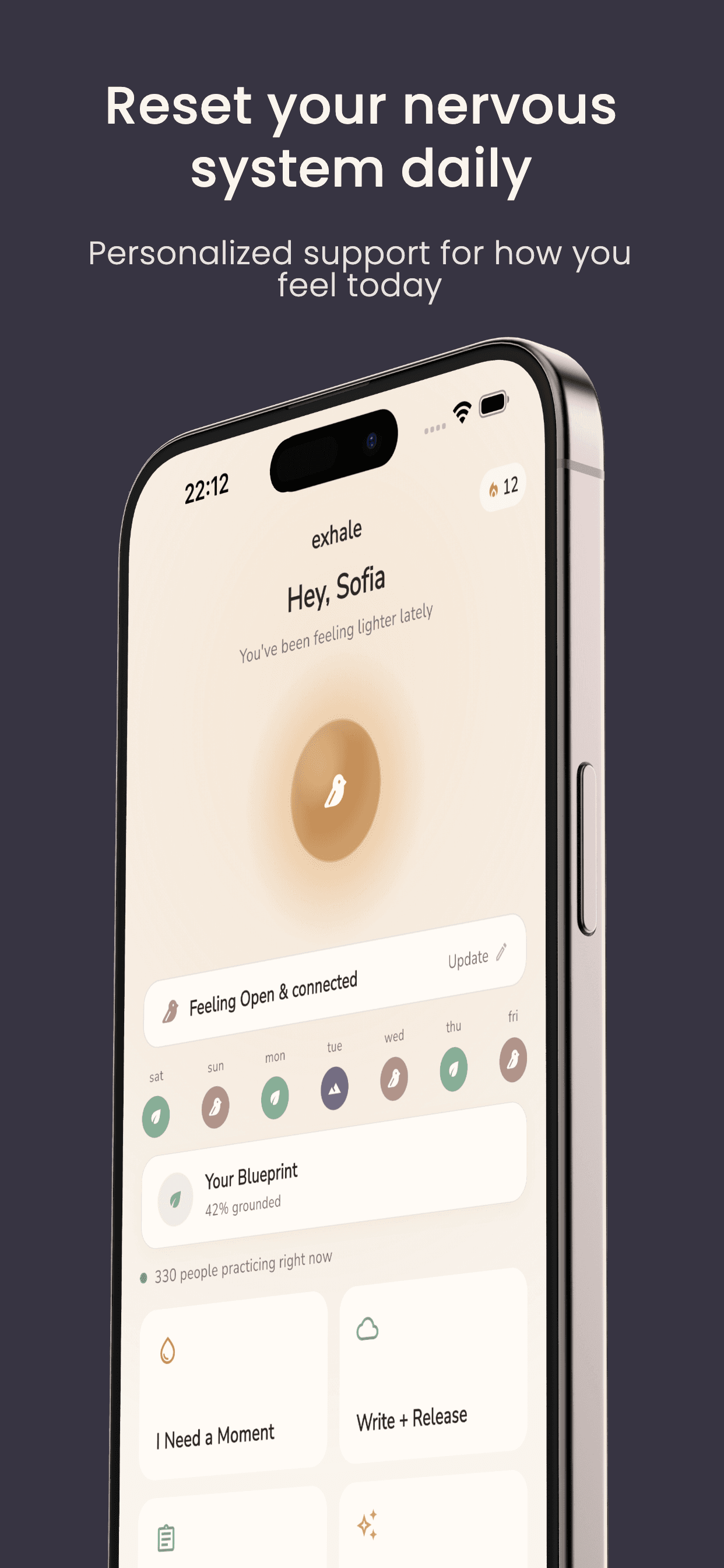Exhale home screen: reset your nervous system daily, with a personal check-in, your week at a glance, and quick practices