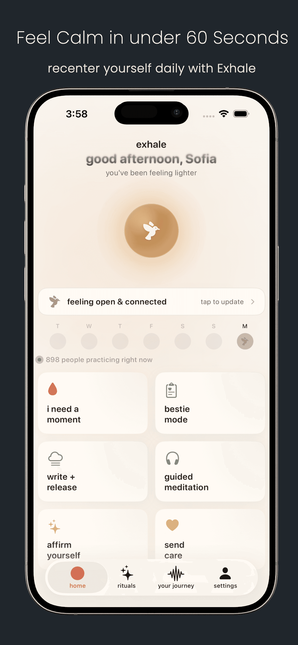 Exhale home screen: a daily check-in and quick reset, with the prompt to feel calm in under 60 seconds