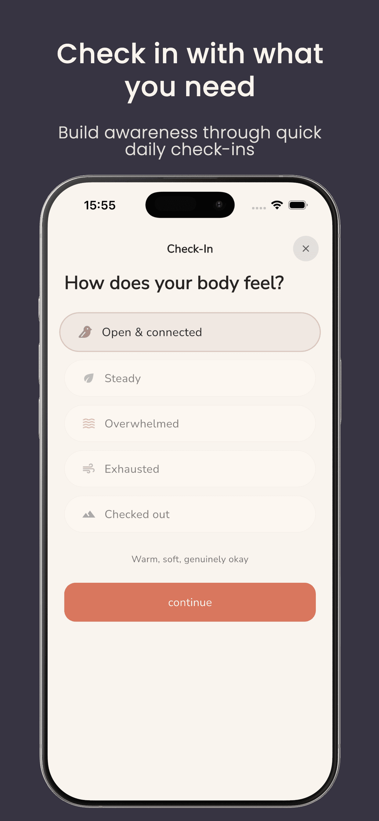 Exhale check-in: how does your body feel? options from open and connected to checked out
