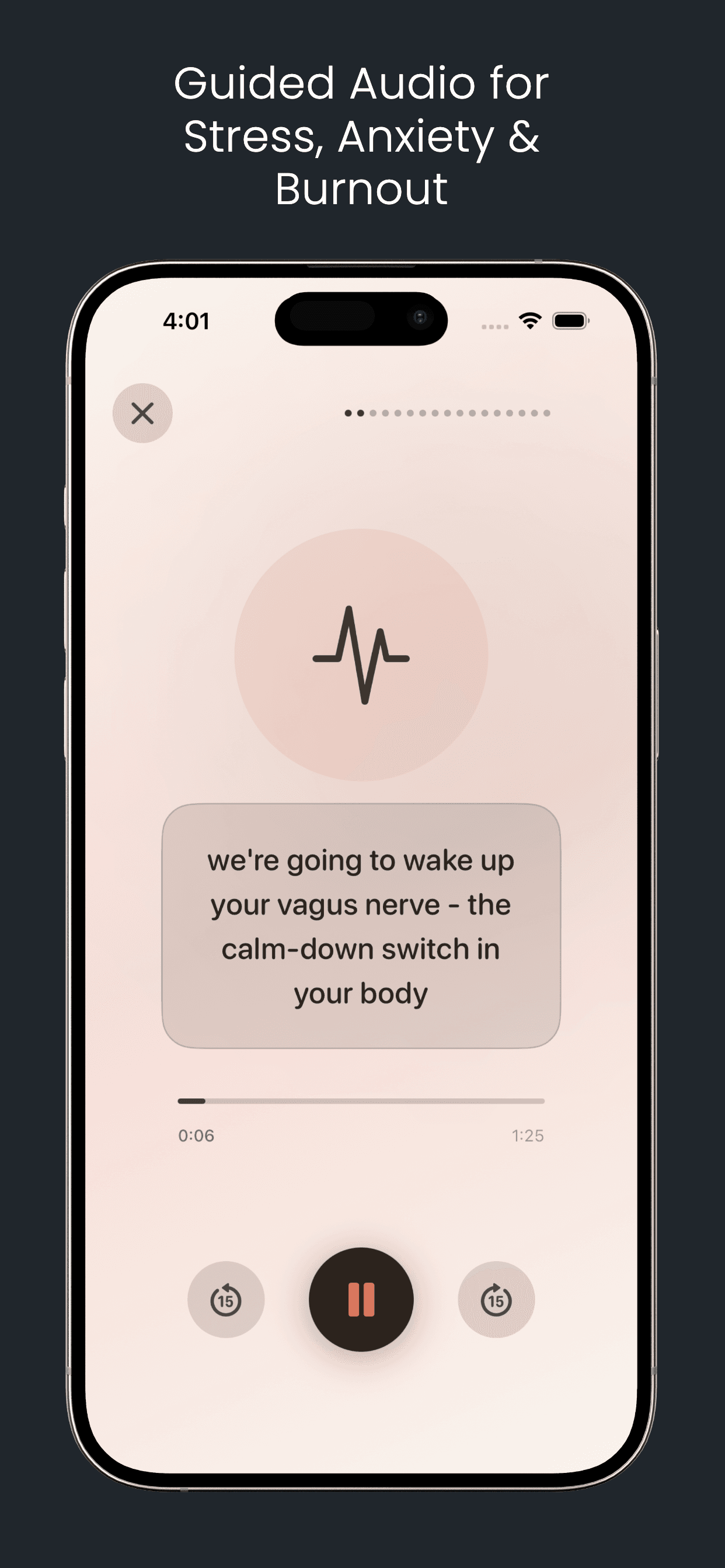 Exhale guided audio player for stress, anxiety and burnout: a vagal toning session in progress