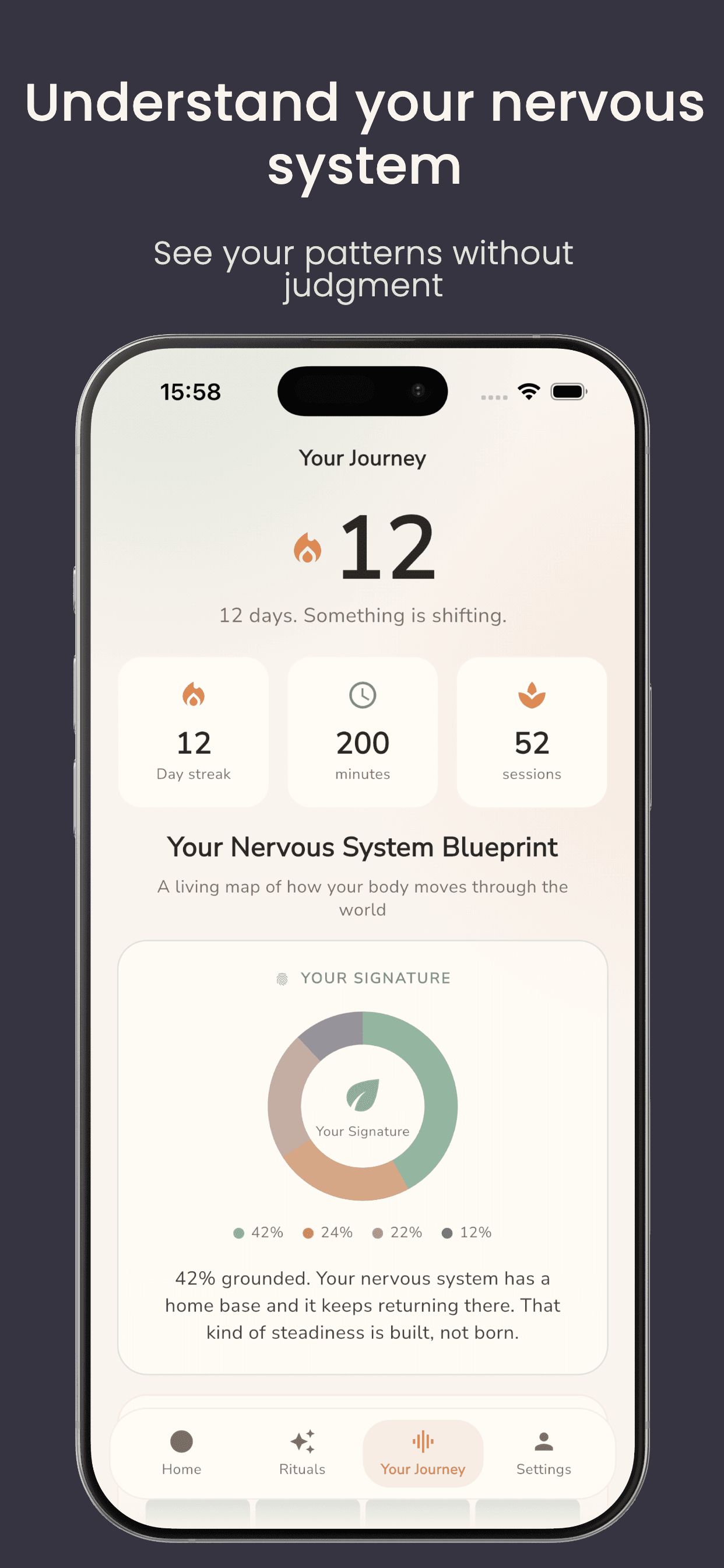 Exhale your journey: day streak, minutes practiced, and your nervous system blueprint