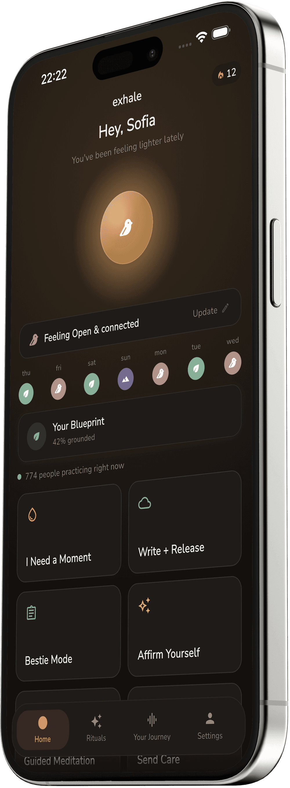 Exhale's home screen: a warm daily check-in with your week at a glance and practices like I Need a Moment, Write + Release, and Affirm Yourself
