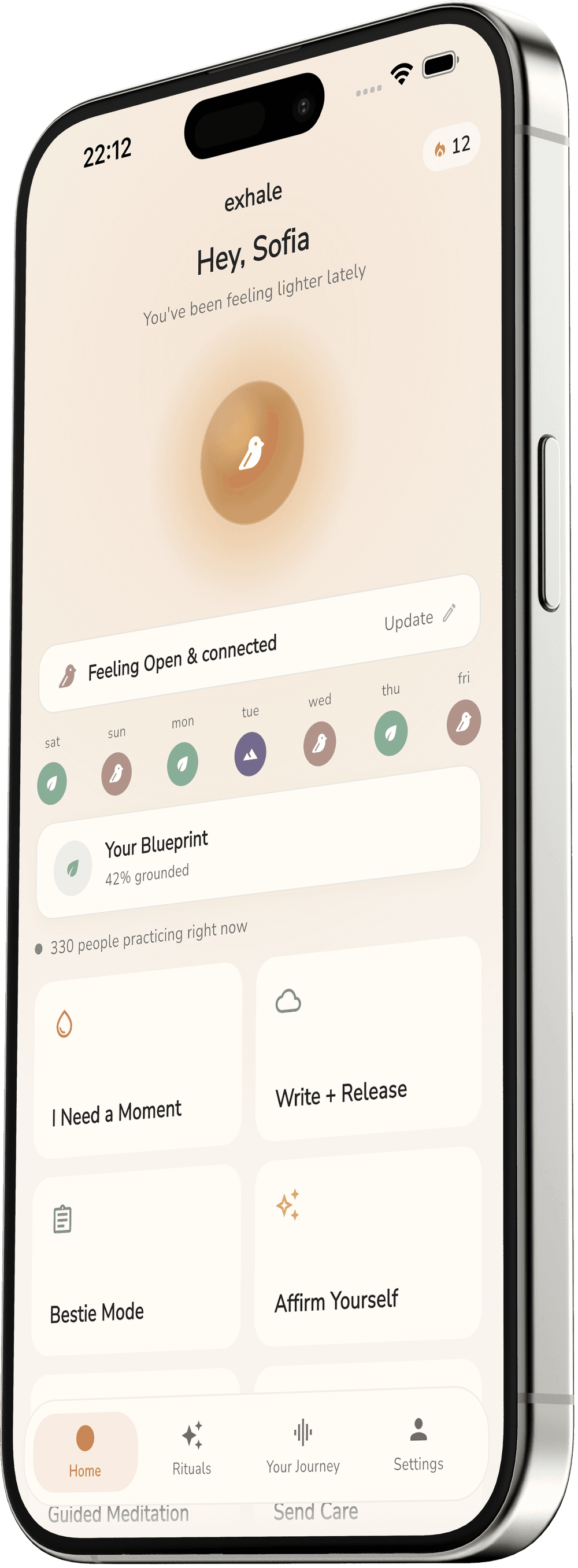 Exhale's home screen: a warm daily check-in with your week at a glance and practices like I Need a Moment, Write + Release, and Affirm Yourself