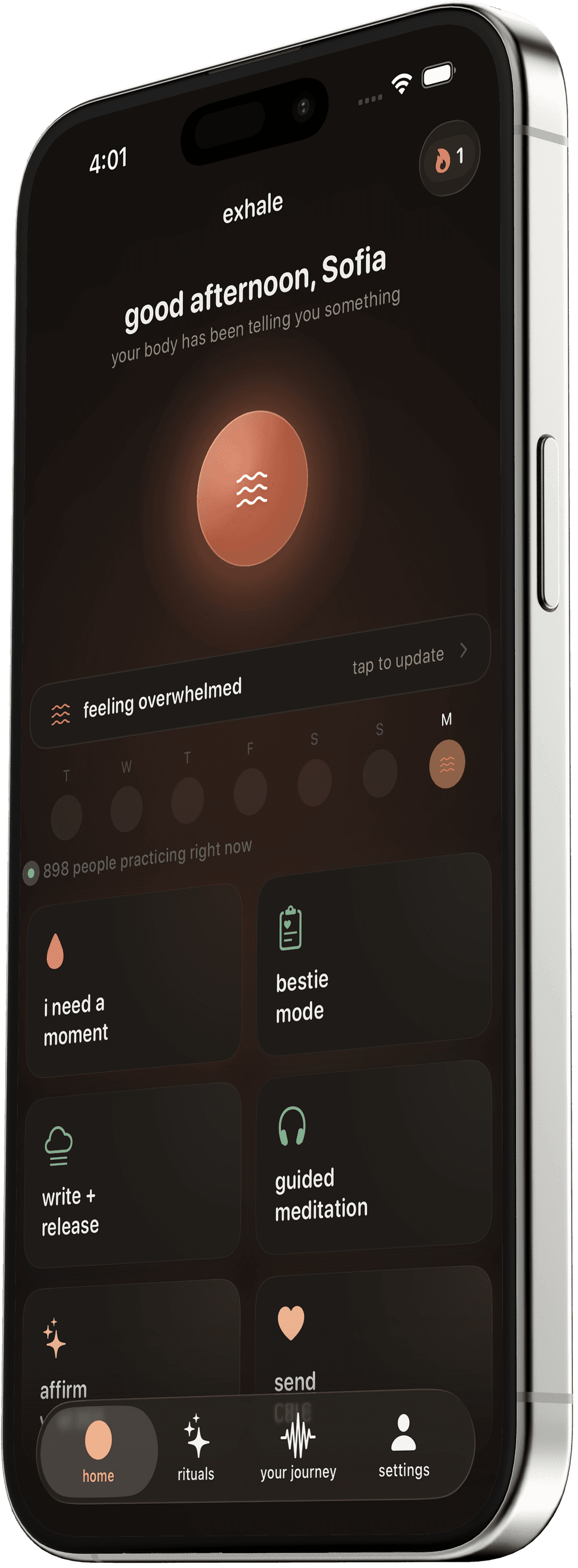 Exhale's home screen: a warm daily check-in with practices like a moment to breathe, guided meditation, and affirmations